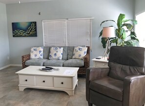 Living room sofa and leather recliner