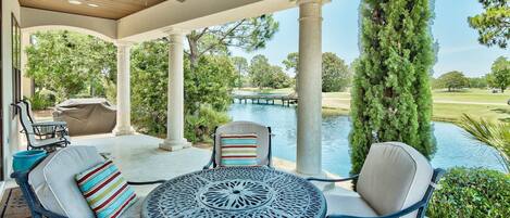 Back covered patio overlooking one of the golf course lakes