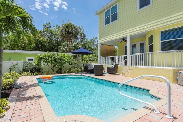 Large saltwater, heated swimming pool (heat extra) with new landscapes surrounding the pool.  Pool size 25'x11'