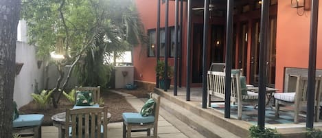 New Orleans style courtyard, patio, fountain & fireplace.