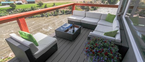 Large, comfortable seating with an amazing view into Yellowstone. BBQ included.