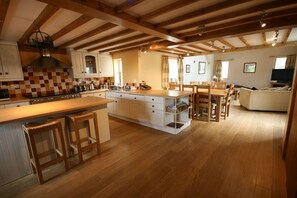 Open plan kitchen, dining, living area