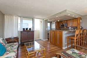 Hardwood floors and full length sliding doors