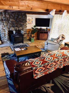 Living room, smart tv, wood stove 