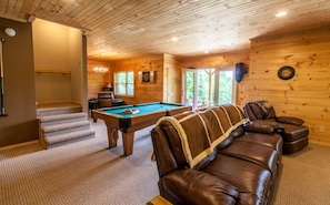 Second Living Area with Leather Furniture, Pool Table, Tongue in Groove Ceilings