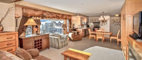 Spacious open floor plan, sun filled south facing  condo with spectacular views of the ski runs, mountain village and ski resort.