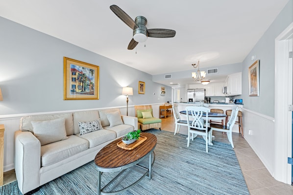 The dining area and great room are open to each other