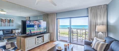 Catch the big game on this 65" HD TV with amazing views of the ocean!