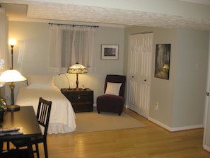 Twin bed on opposite side of the room. Double closet holds ironing board & iron