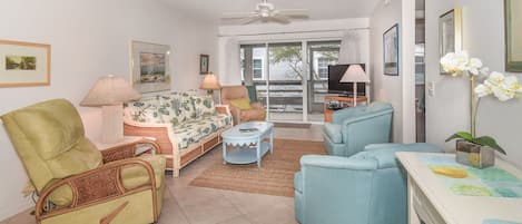 This New Smyrna Beach vacation home features a living room with TV, DVD, sofa and recliner.