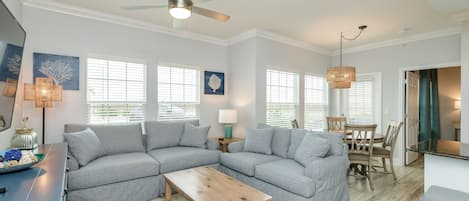 Cozy living area with updated furnishings and décor