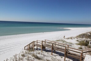 Sugar white beaches with beach access on the resort, with guest access to the beach on the south side of the resort.