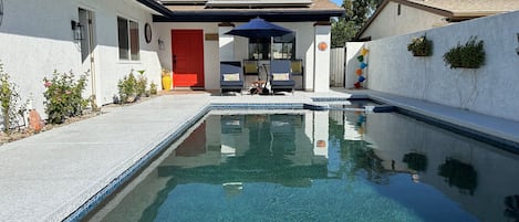 front door entry,  pool and spa