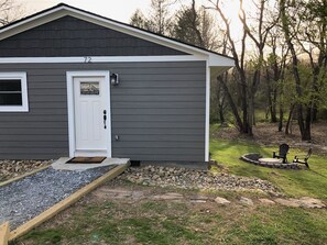 Front door and fire pit.