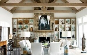 Living Room Area, 55in Smart TV, Wood-Burning Fireplace with Gas Log Lighter. 