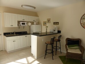 kitchenette with counter top oven and double burner