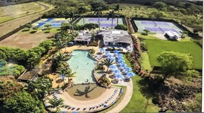 Pool, gym, courts across street