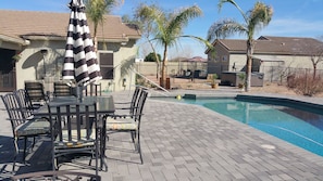 West View of the patio. Dine, relax, swim, sunbath-6 person NEW Hot Tub. Enjoy!!