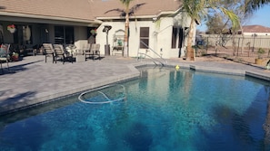 NONHeated pool w safety handrail. Multiple seating options, including Dining!