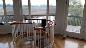 top of spiral staircase and view of Musselboro Creek and upstairs deck