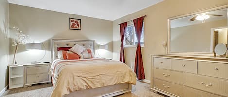 Huge size master bedroom with new queen sized bed, double night stands, 2 table lamps, new cute  comforter, additional quilt and blanket, new big LED Samsung TV, Bluetooth music player, chest, dresser with mirror, chair, walk-in closet, safe, weight scale, ceiling light and fan and decorative light