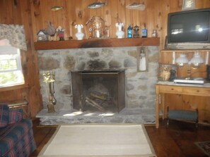 Stone fireplace in living room