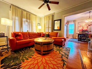 Living room with games in the coffee table for family/friend fun.