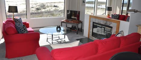 Living Room with Fireplace... views of sand dunes, ocean, river and Monterey