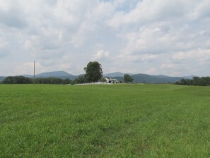 Hay field in front of Farm House. Mountains in background.