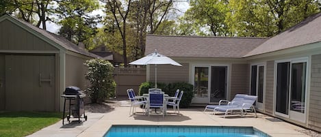 patio with private swimming pool