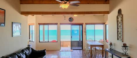 Beach front and panoramic ocean view from living room