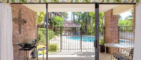 View from the living room to pool area