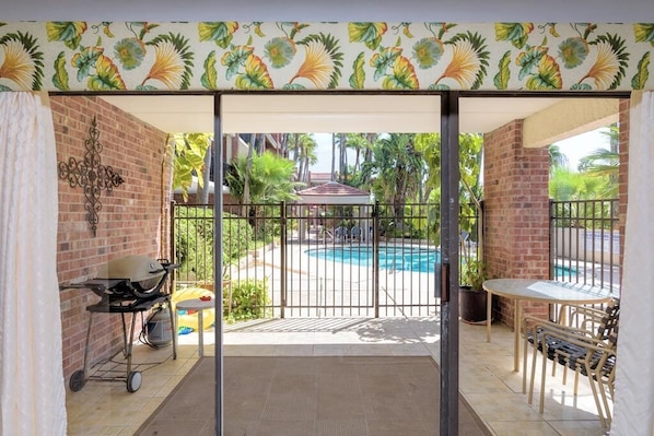 View from the living room to pool area