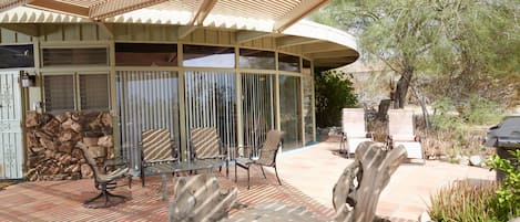 Front Patio showing redwood burl table and chairs