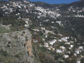 Makrinitsa village view. The red rectangle marks the location of the house.