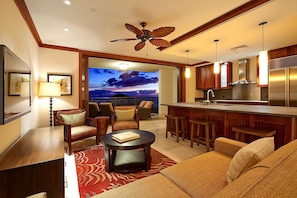 The living room and kitchen of our amazing 15th floor penthouse Beach Villa.