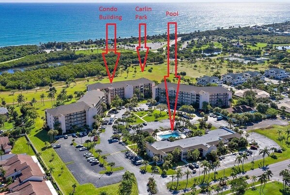 Condo is short walk to beach through Carlin Park. Pool area real close as well.