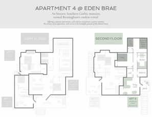 Apartment 4 is on the second floor of Eden Brae. With approximately 1,150 SF, it offers plenty of space. Two bedrooms -- one with a king bed and one with built-in queen bunks, a full, and a twin -- and one bath await you. 
