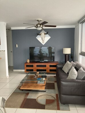 Living room with sofa bed and 50" flat screen TV