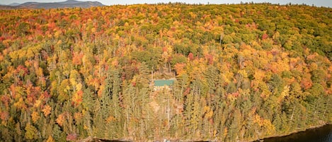 This is an aerial drone picture of the cabin on October 9, 2021. Very private