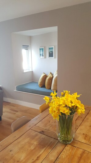 Reading nook, with views across Fitsral Beach and the Atlantic Ocean