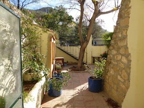 Courtyard with steps to pool.