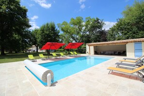 Stunning, spacious terrace by the heated pool with electric pool cover