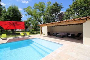 Wide shallow platform with full width steps leading down into the heated pool