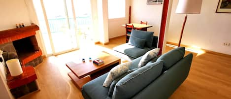 Living room 
and fireplace