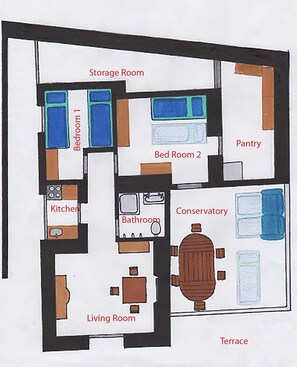 Der Grundriss unseres Hauses. Gesamt mit Wintergarten 64 qm