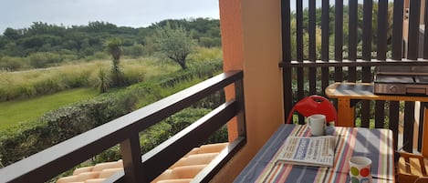 Le balcon terrasse, la mer est juste derrière les maquis au loin