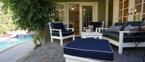 Large outdoor living space overlooking new salt pool, Jacuzzi and BBQ