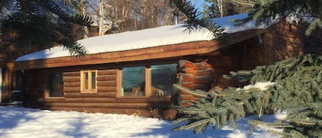 The cabin from the river in winter. 