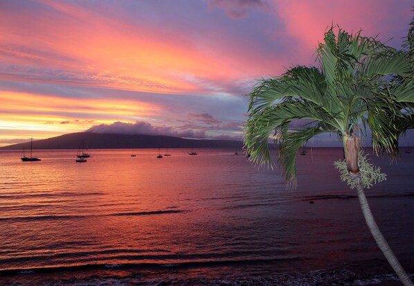 Sunset from your own private lanai, overlooking the ocean and moored boats.